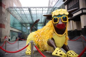 Cow statue in yellow outfit, sunglasses and 'Croc' shoes in Birmingham